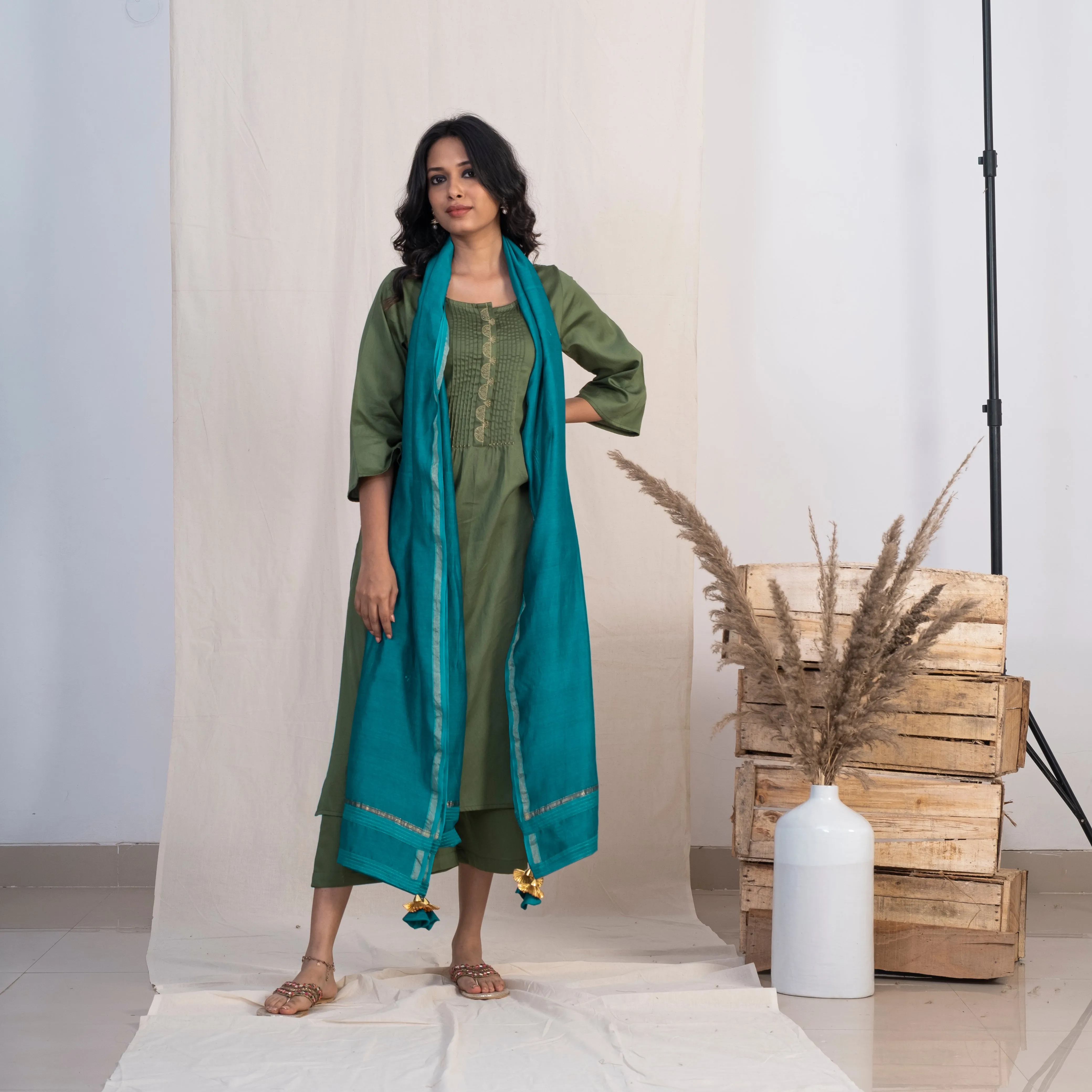 Akiso Green Round Neck With Pintucks With Palazzo And Blue Dupatta (Set of 3)