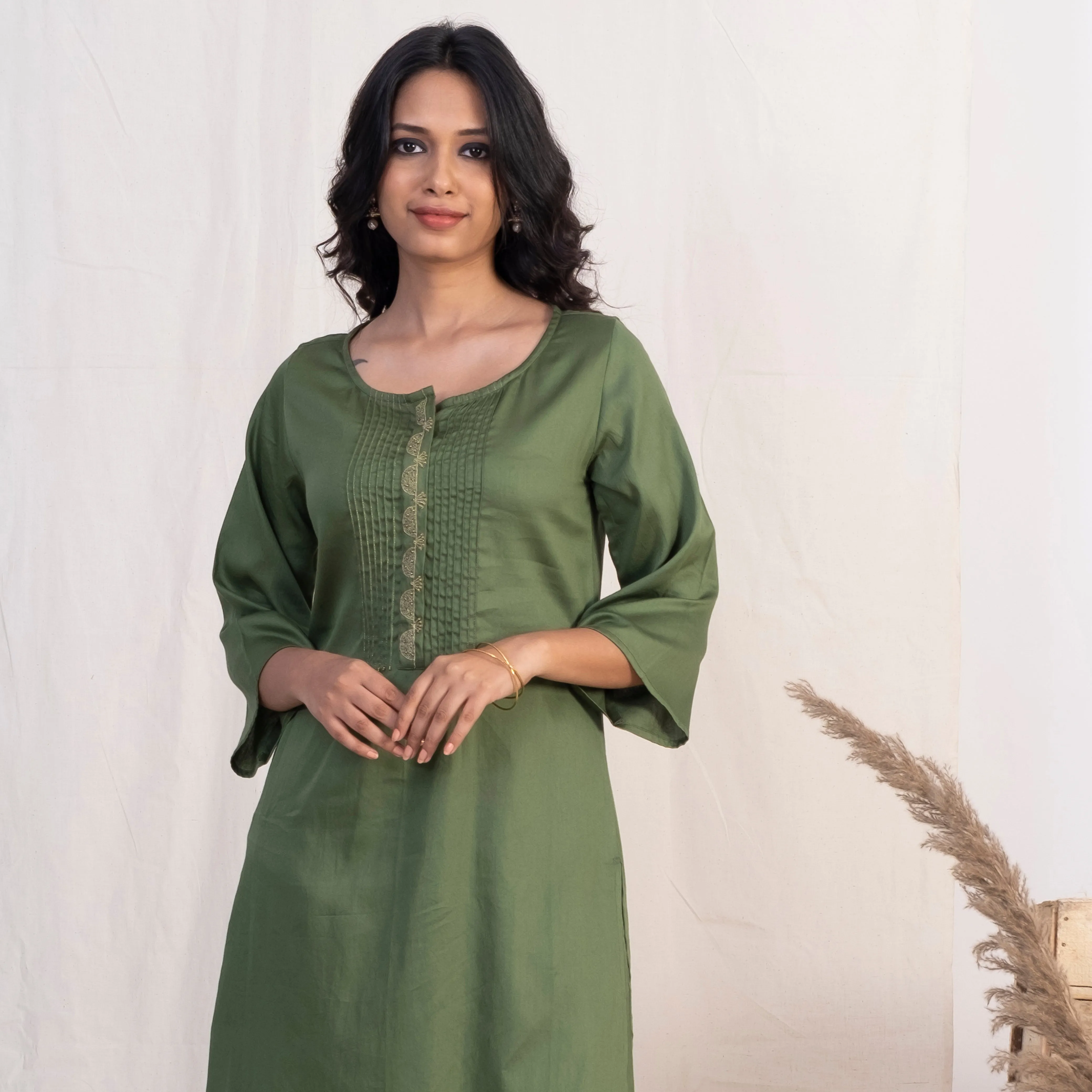 Akiso Green Round Neck With Pintucks With Palazzo And Blue Dupatta (Set of 3)