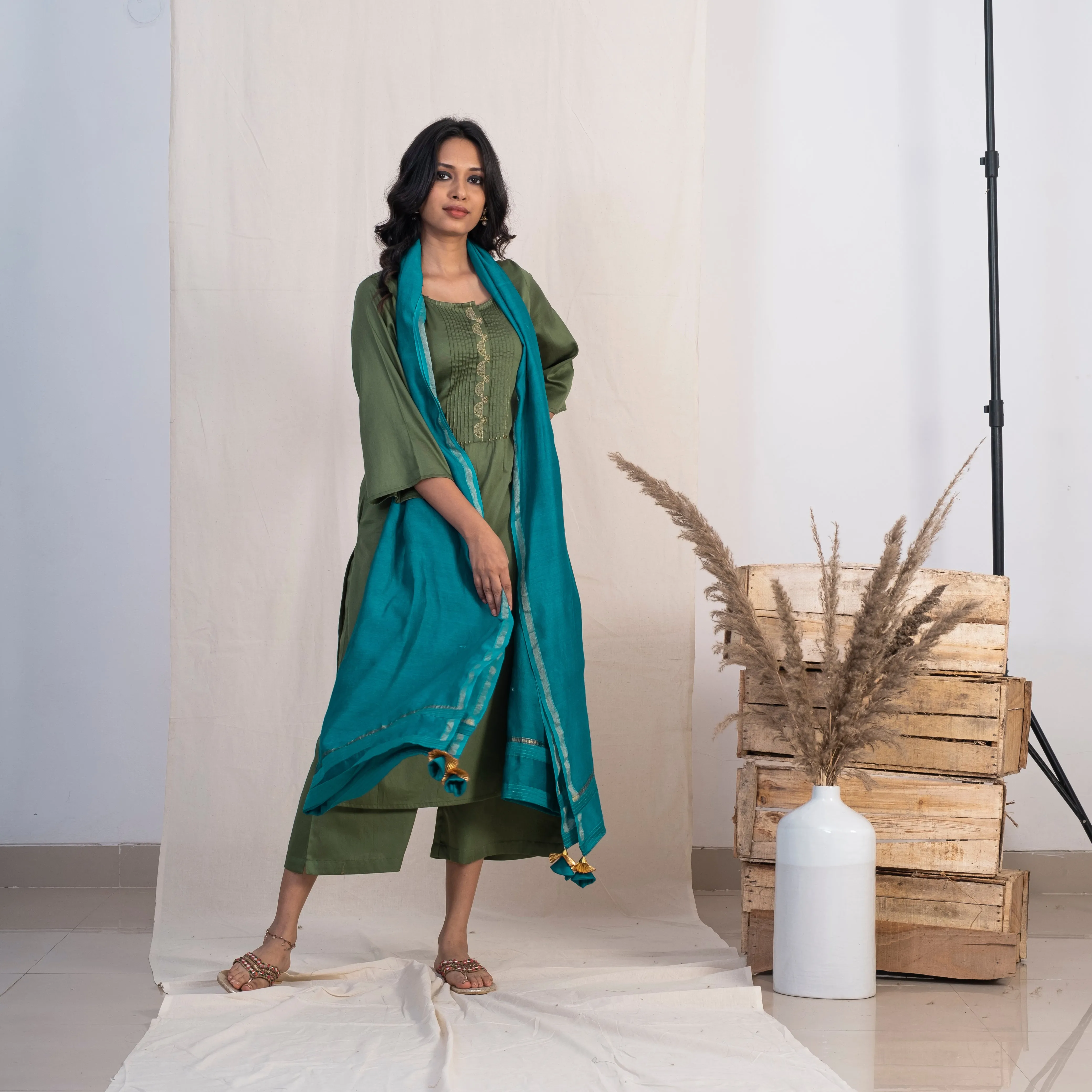 Akiso Green Round Neck With Pintucks With Palazzo And Blue Dupatta (Set of 3)