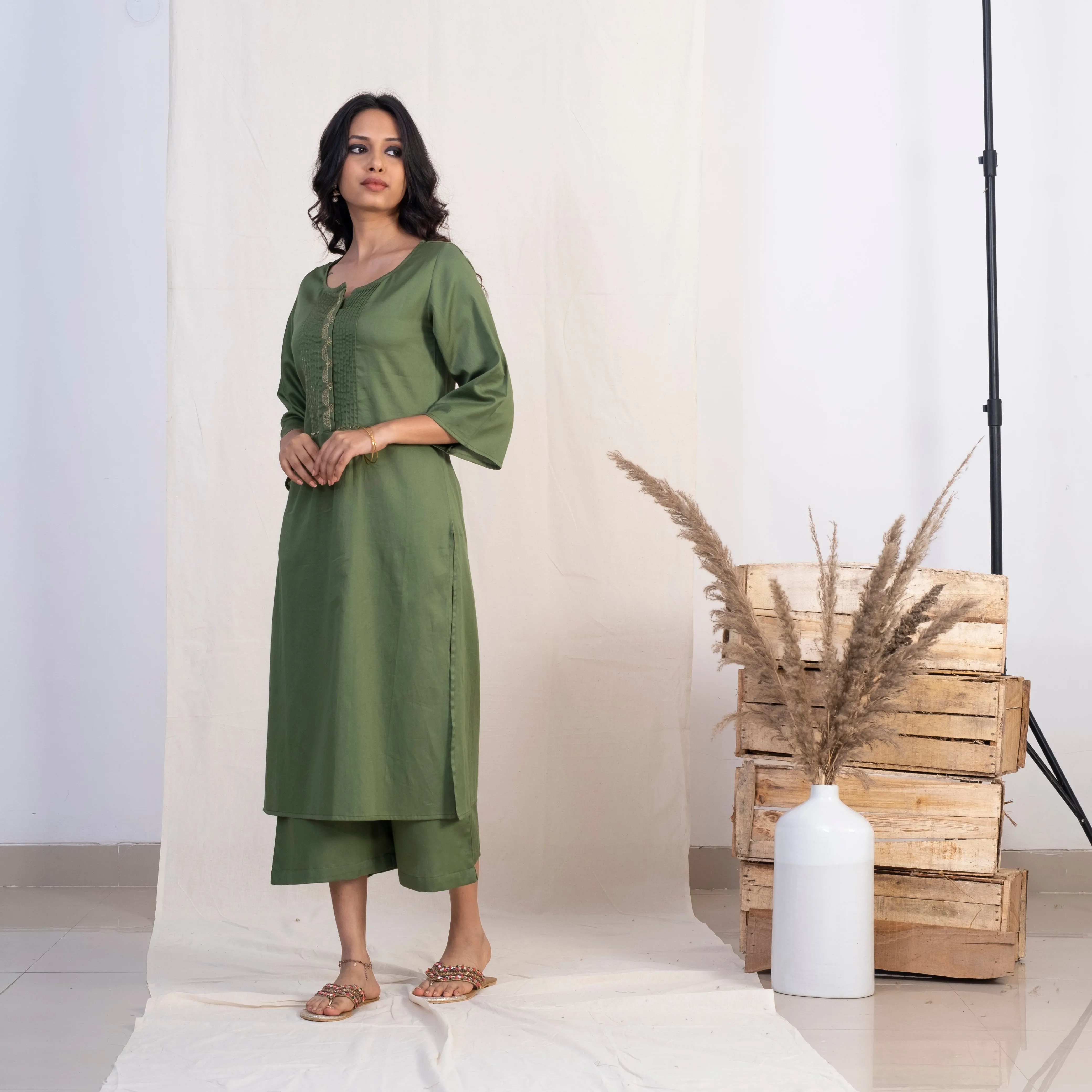 Akiso Green Round Neck With Pintucks With Palazzo And Blue Dupatta (Set of 3)