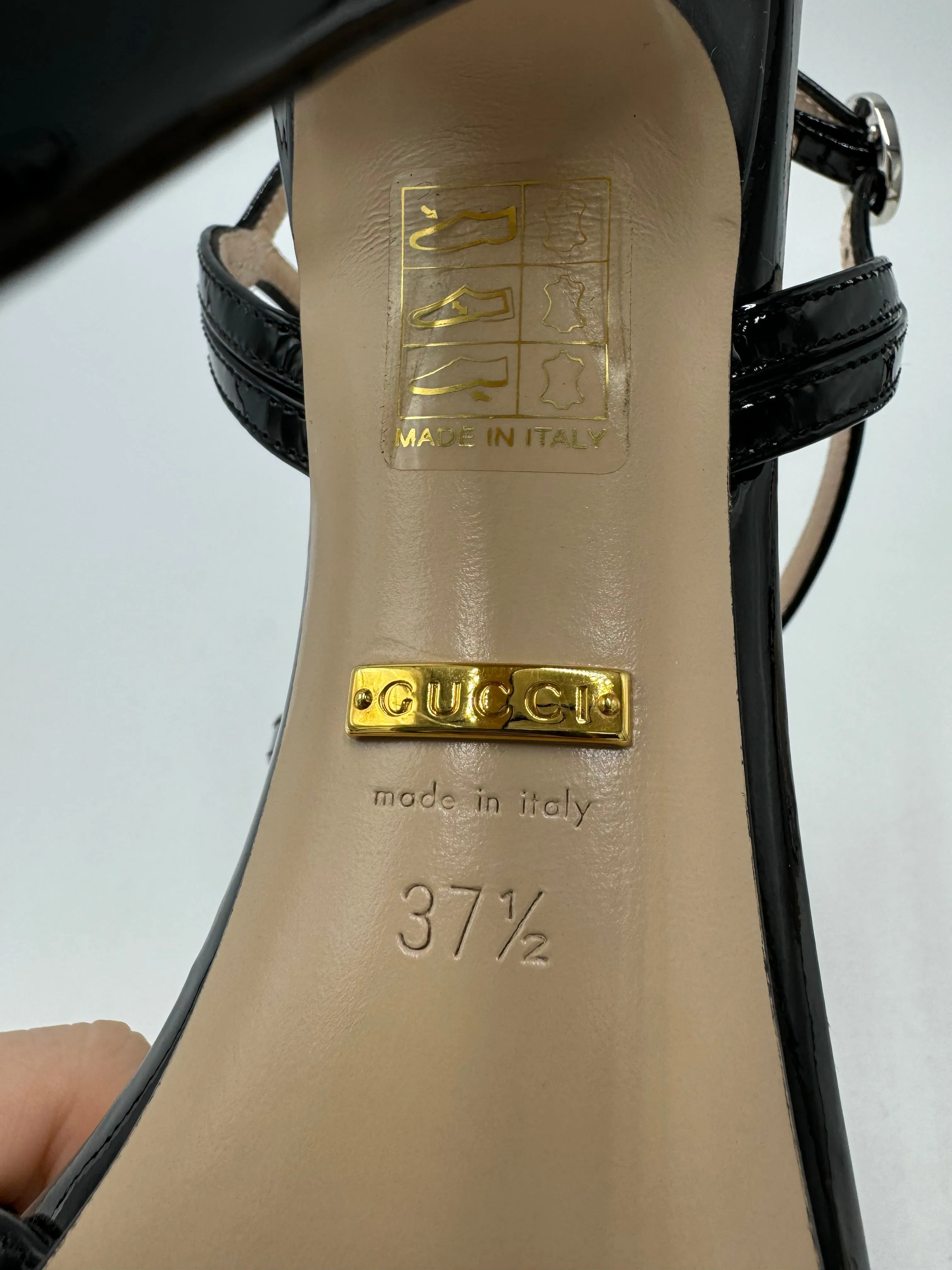 Gucci Vernice Crystal Luxury Sandal In Black, Size: 7.5 / 37.5