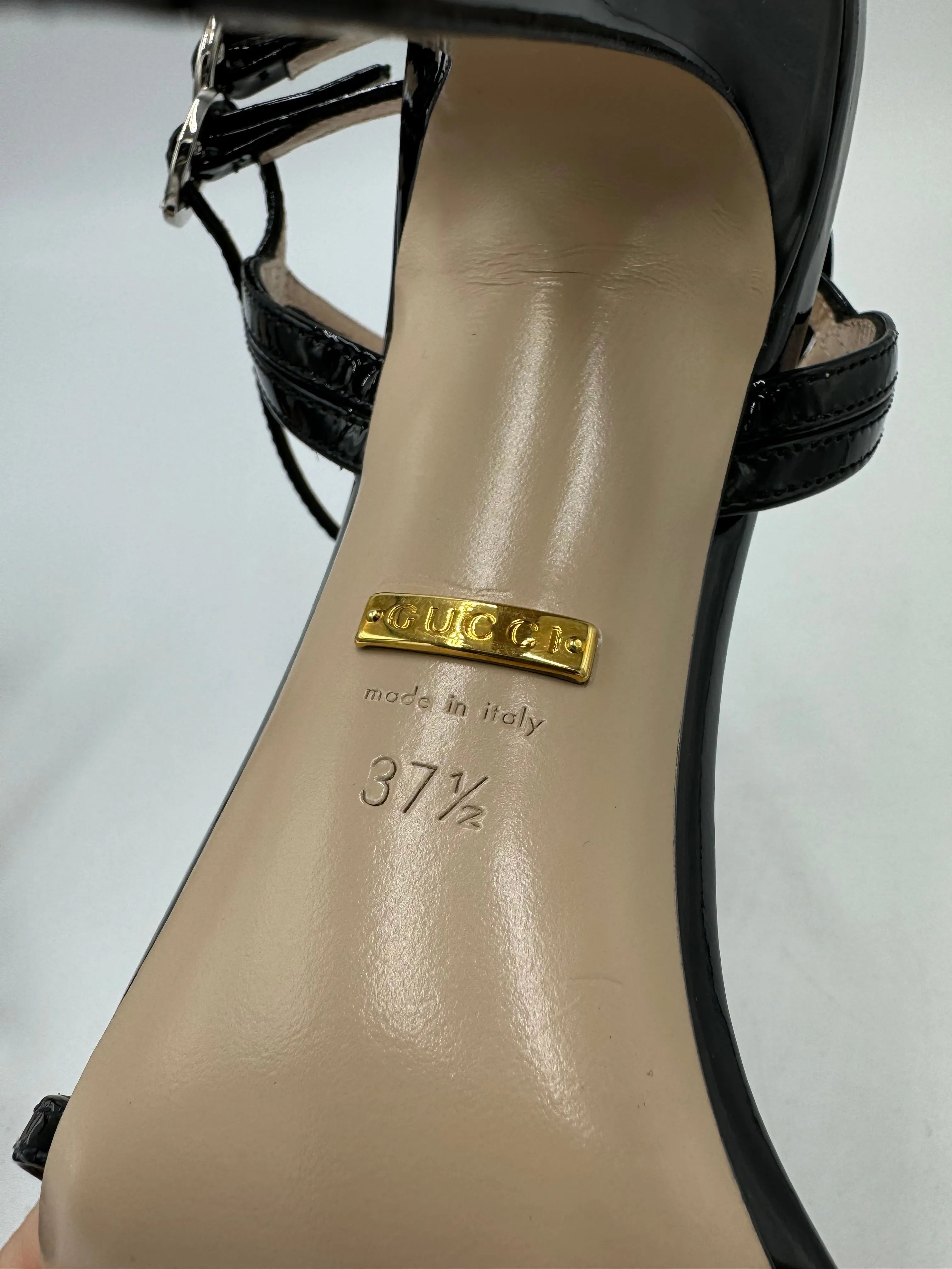 Gucci Vernice Crystal Luxury Sandal In Black, Size: 7.5 / 37.5