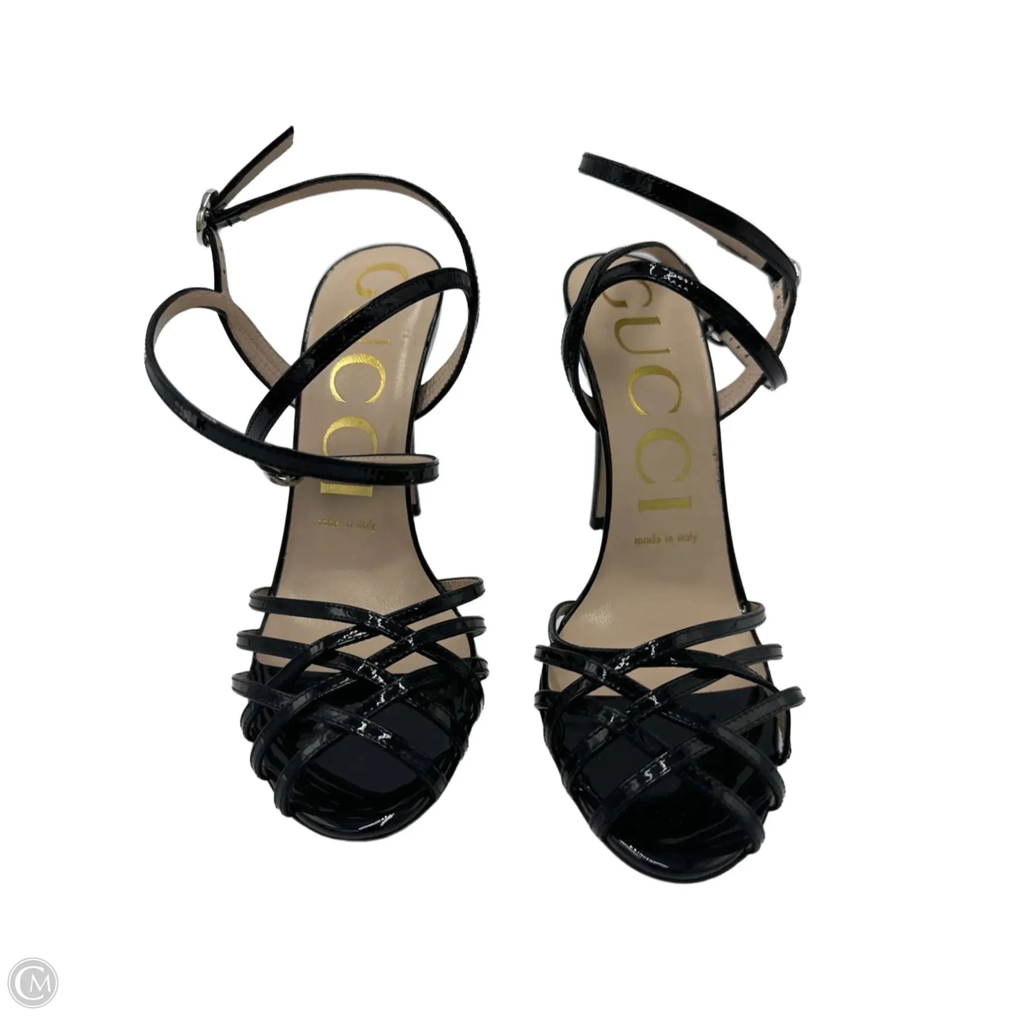 Gucci Vernice Crystal Luxury Sandal In Black, Size: 7.5 / 37.5