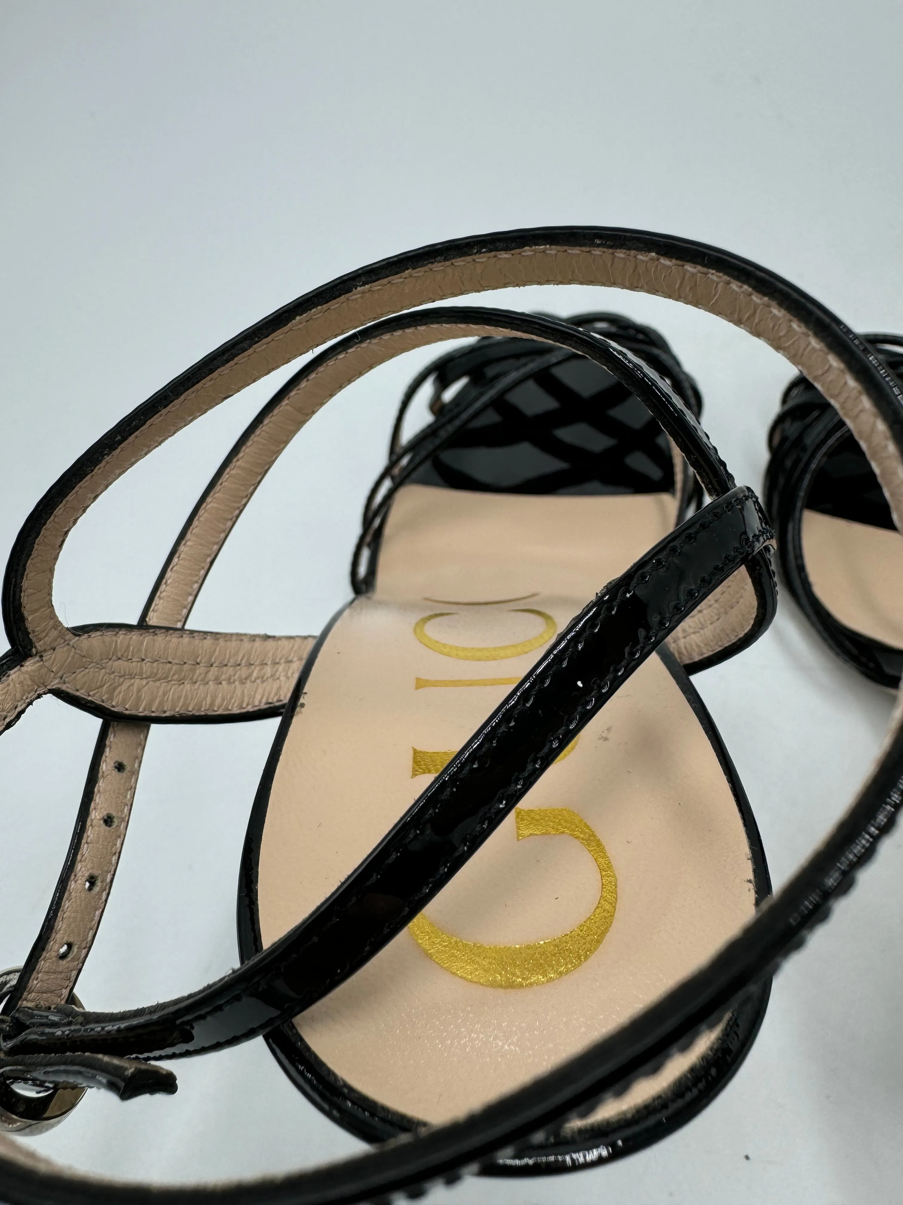 Gucci Vernice Crystal Luxury Sandal In Black, Size: 7.5 / 37.5