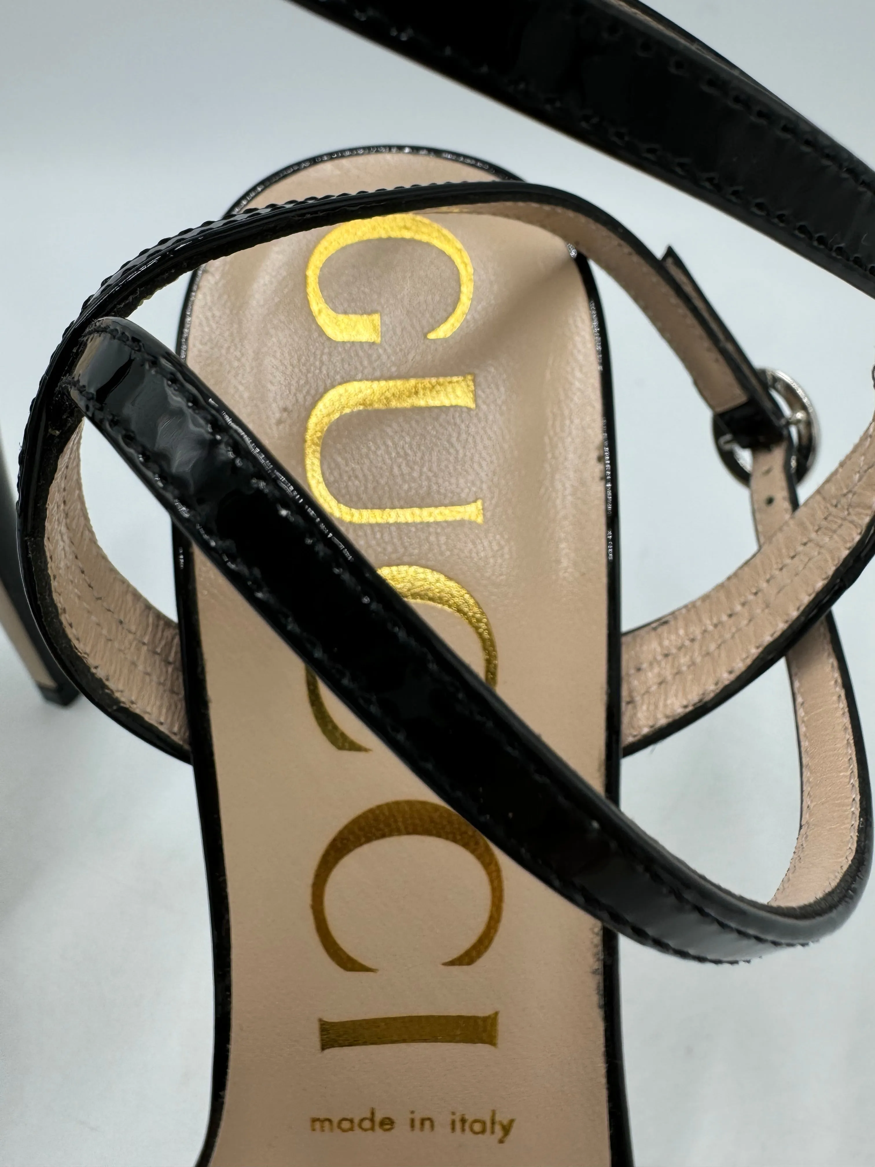 Gucci Vernice Crystal Luxury Sandal In Black, Size: 7.5 / 37.5
