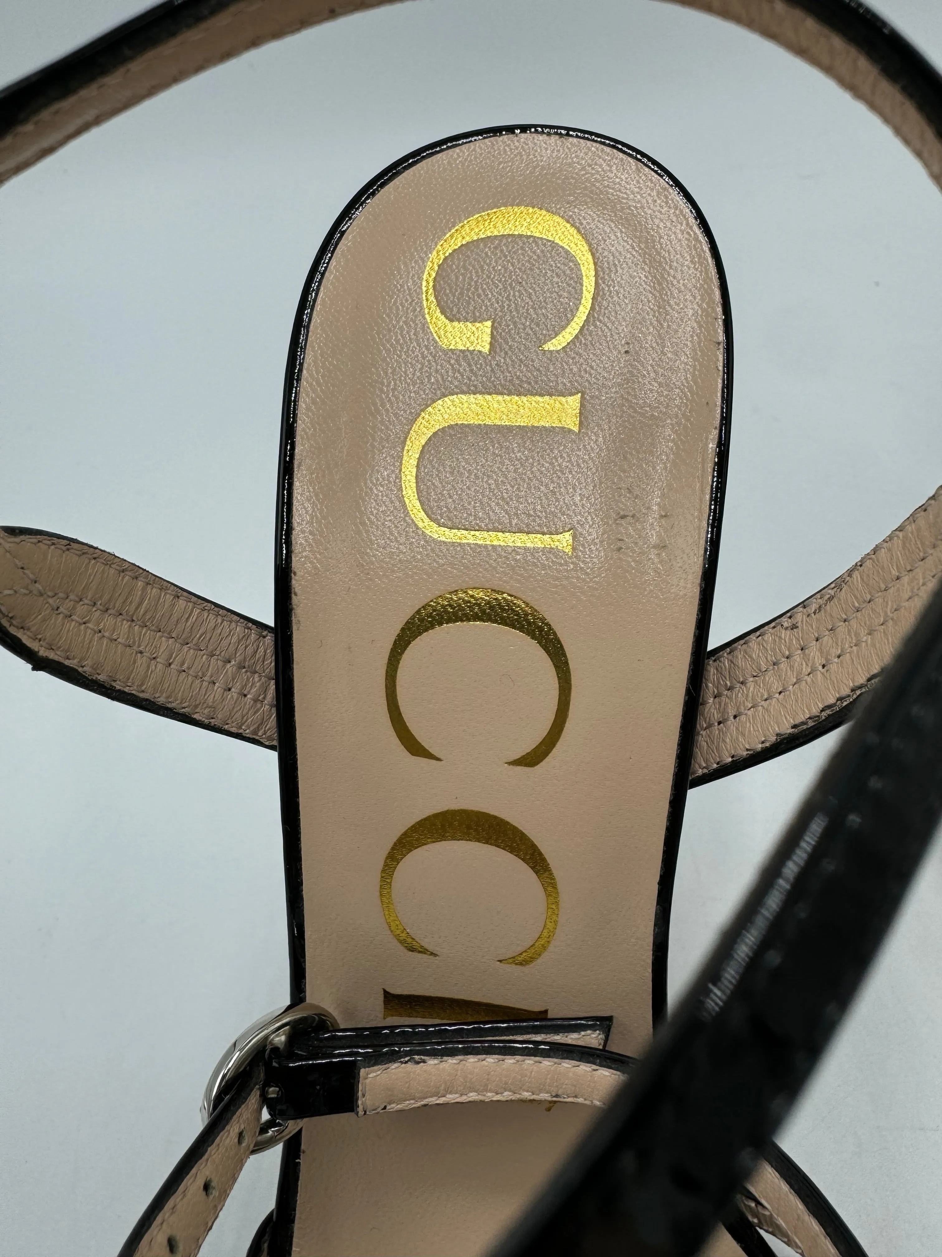 Gucci Vernice Crystal Luxury Sandal In Black, Size: 7.5 / 37.5