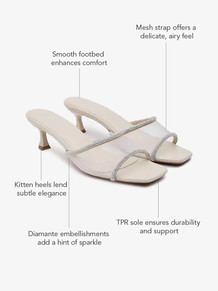 LUNA BLU Ivory Diamante Embellished Kitten Heel Sandals
