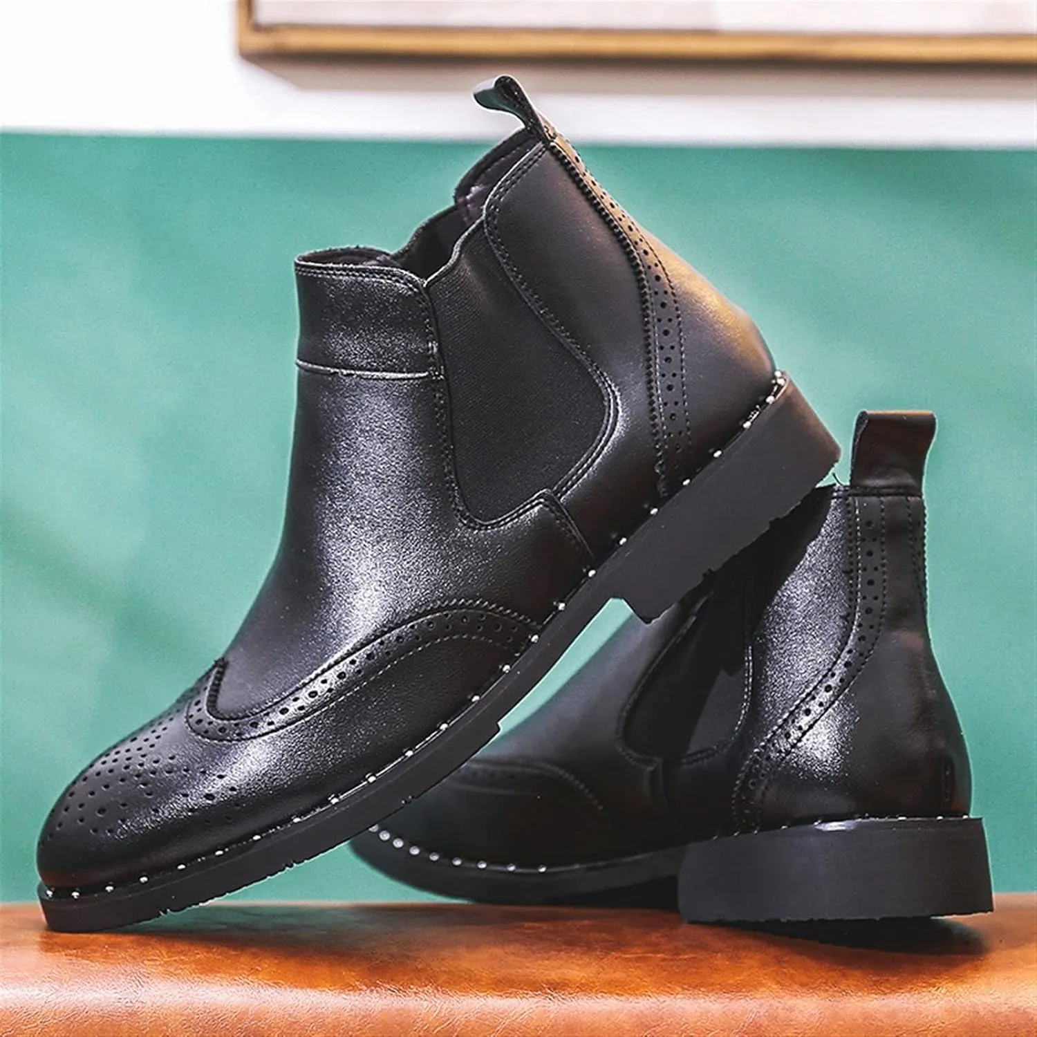 Men's Chelsea Boots Wing Tip Carved Brogue Elastic Bandage Burnished Toe Rivet Vegan Leather Wearable Waterproof Dress Classic Slip On