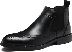 Men's Chelsea Boots Wing Tip Carved Brogue Elastic Bandage Burnished Toe Rivet Vegan Leather Wearable Waterproof Dress Classic Slip On