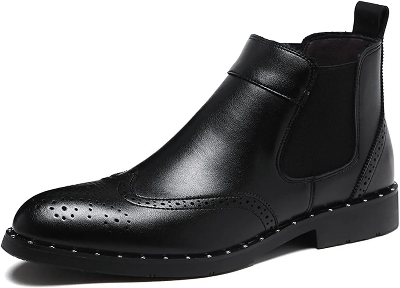 Men's Chelsea Boots Wing Tip Carved Brogue Elastic Bandage Burnished Toe Rivet Vegan Leather Wearable Waterproof Dress Classic Slip On