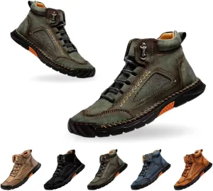 Men's Handmade Leather Boots - Comfortable Waterproof Arch Support, Hand-Stitched Ankle Boots with Wide Toe Box for Outdoor Use