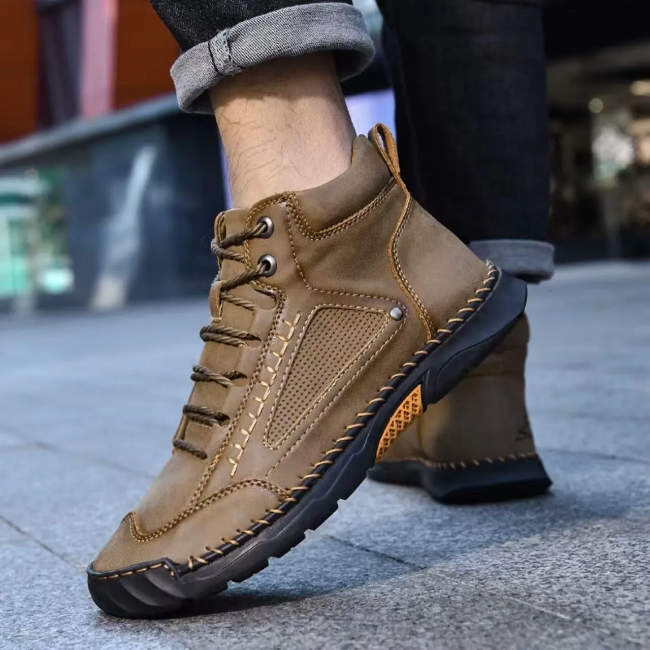 Men's Handmade Leather Boots - Comfortable Waterproof Arch Support, Hand-Stitched Ankle Boots with Wide Toe Box for Outdoor Use