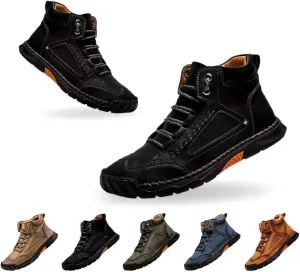 Men's Handmade Leather Boots - Comfortable Waterproof Arch Support, Hand-Stitched Ankle Boots with Wide Toe Box for Outdoor Use