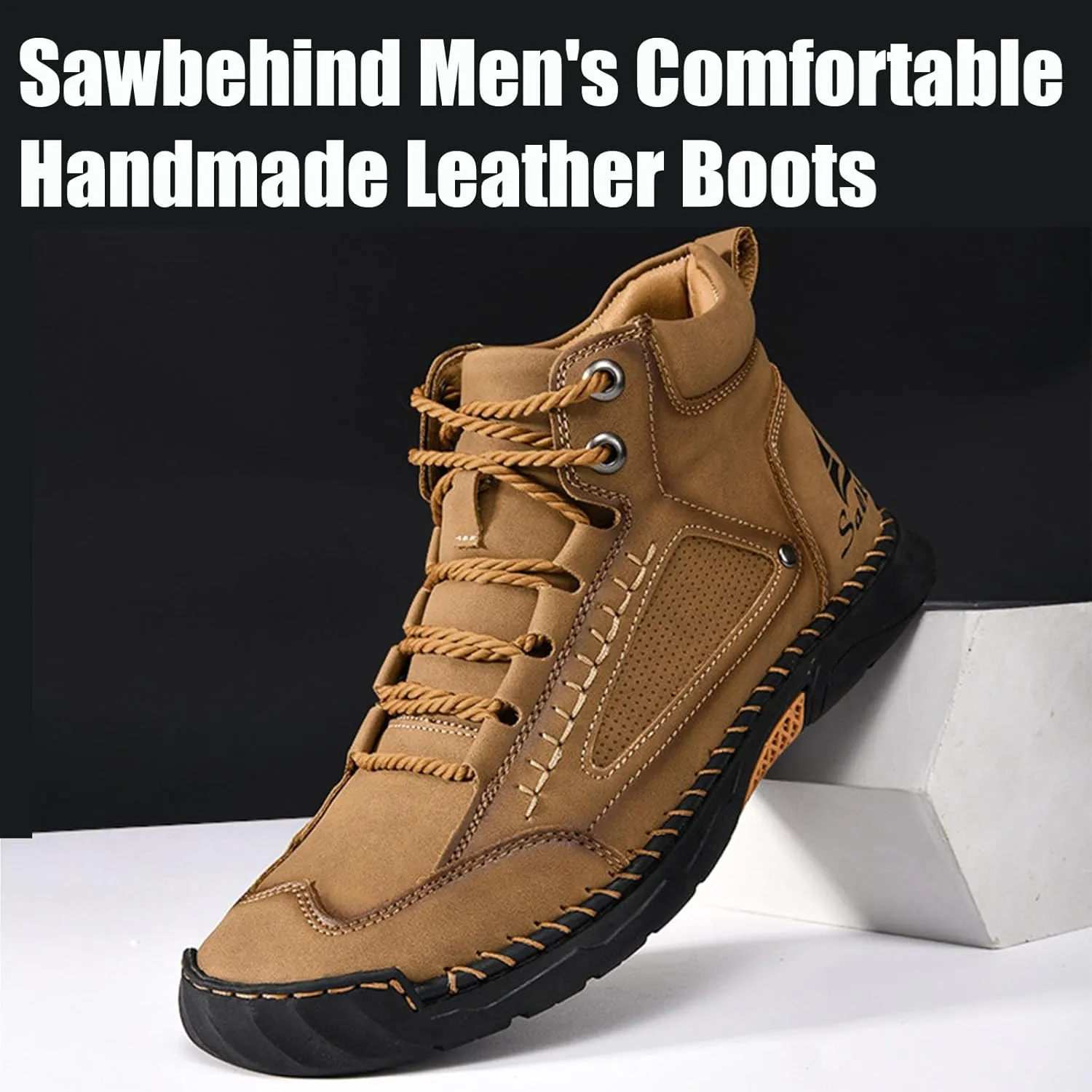 Sawbehind Mens Boots, Sawbehind Men's Comfortable Handmade Leather Boots, Wide Head Design with Arch Support Spacious Toe Box Outdoor Leather Shoes