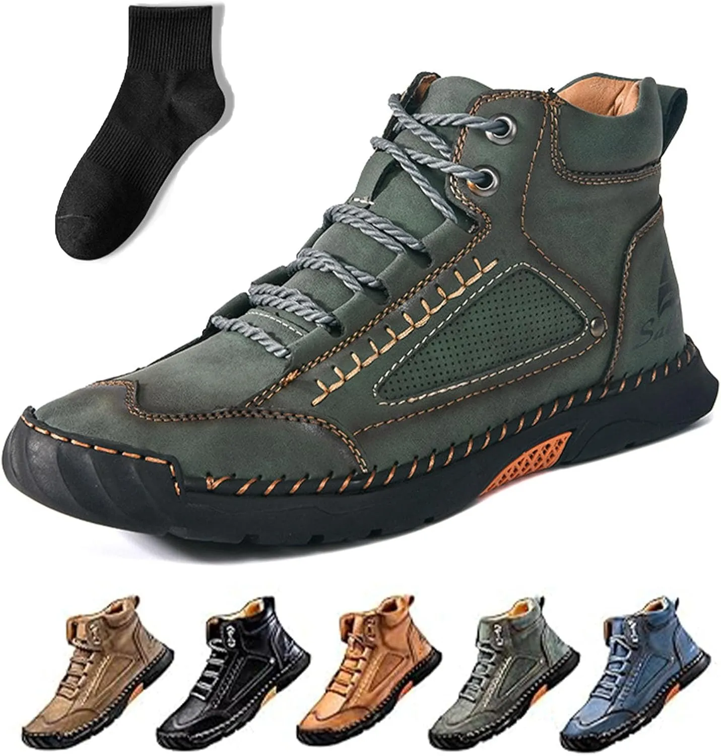 Sawbehind Mens Boots, Sawbehind Men's Comfortable Handmade Leather Boots, Wide Head Design with Arch Support Spacious Toe Box Outdoor Leather Shoes