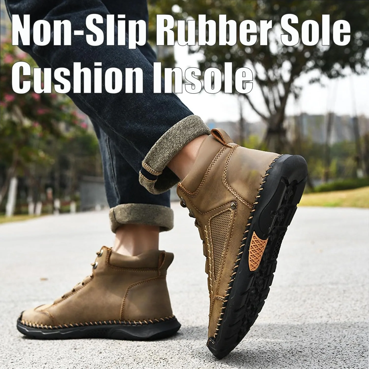 Sawbehind Mens Boots, Sawbehind Men's Comfortable Handmade Leather Boots, Wide Head Design with Arch Support Spacious Toe Box Outdoor Leather Shoes