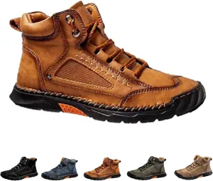 Sawbehind Men's Comfortable Handmade Leather Boots  Waterproof, Spacious Toe Box Outdoor Leather Shoes, Arch Support