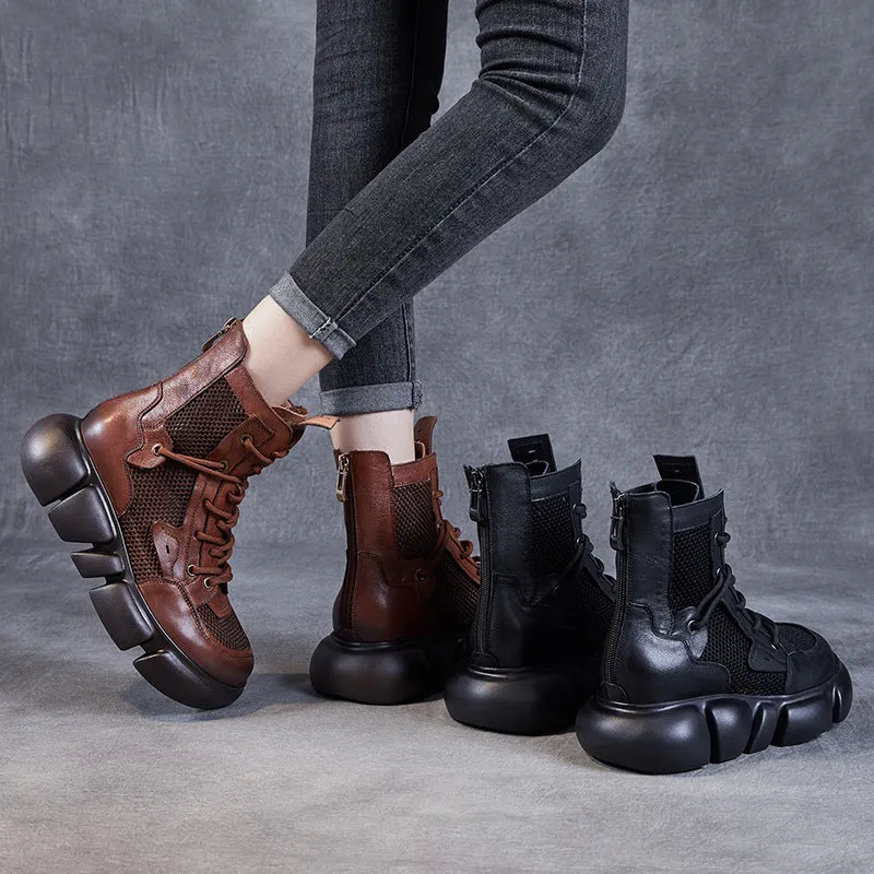 Women Breathable Mesh Leather Platform Summer Boots