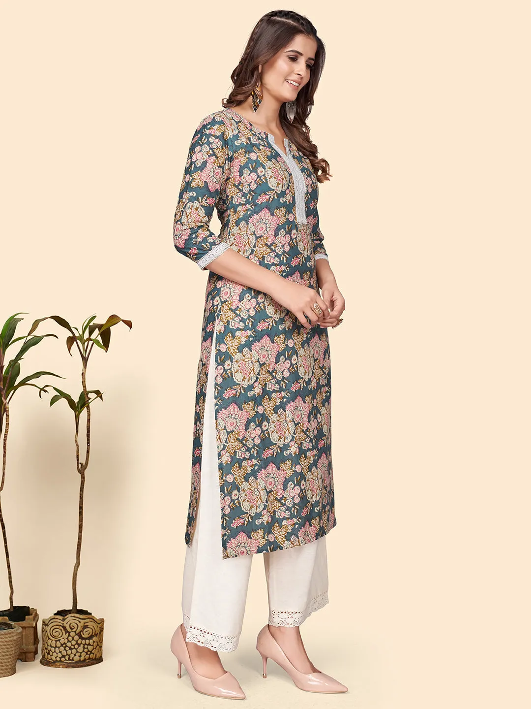 Women'S Floral Print Straight Cotton Blue Stitched Kurta