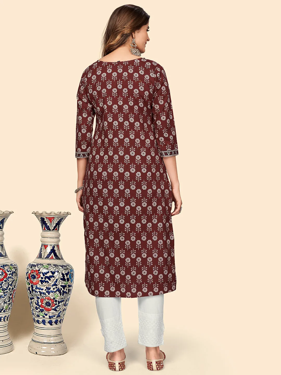 Women'S Floral Print Straight Cotton Maroon Stitched Kurta