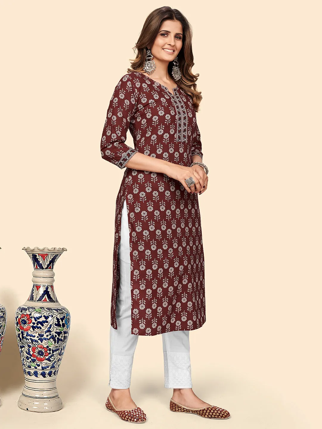 Women'S Floral Print Straight Cotton Maroon Stitched Kurta