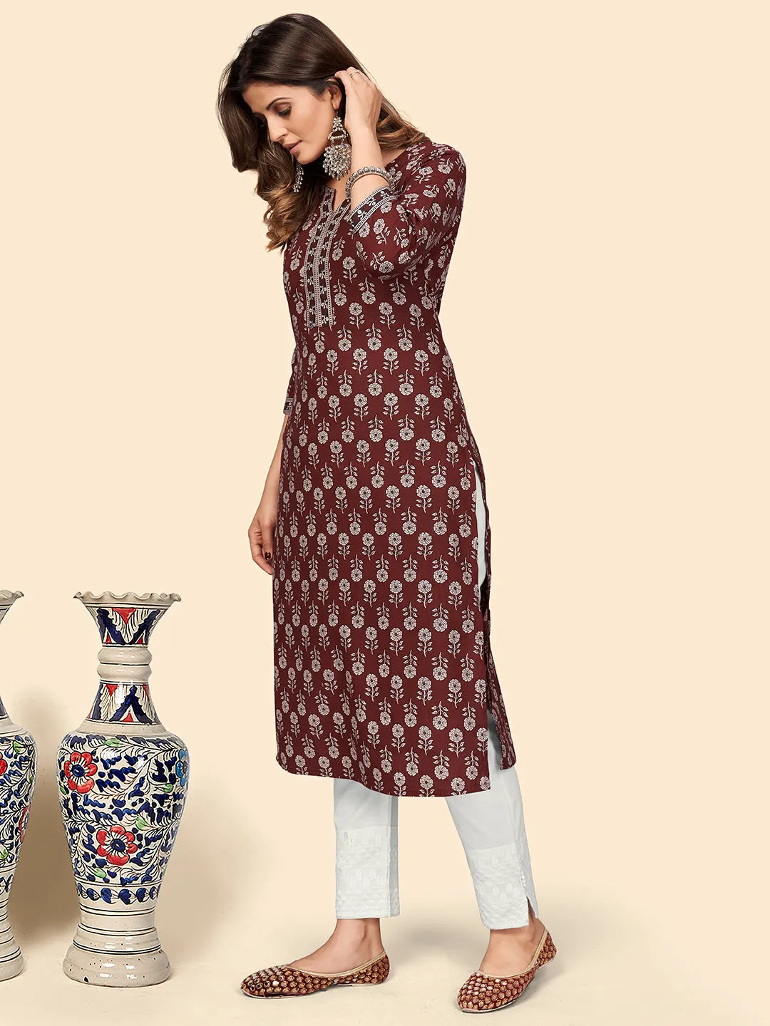Women'S Floral Print Straight Cotton Maroon Stitched Kurta
