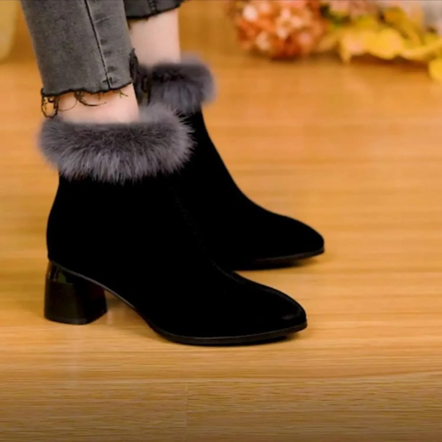 Women's Heel Ankle Boots Warm Pointed Toe Party High Heels Breathable Winter Dress Shoes Lady Snow Boots