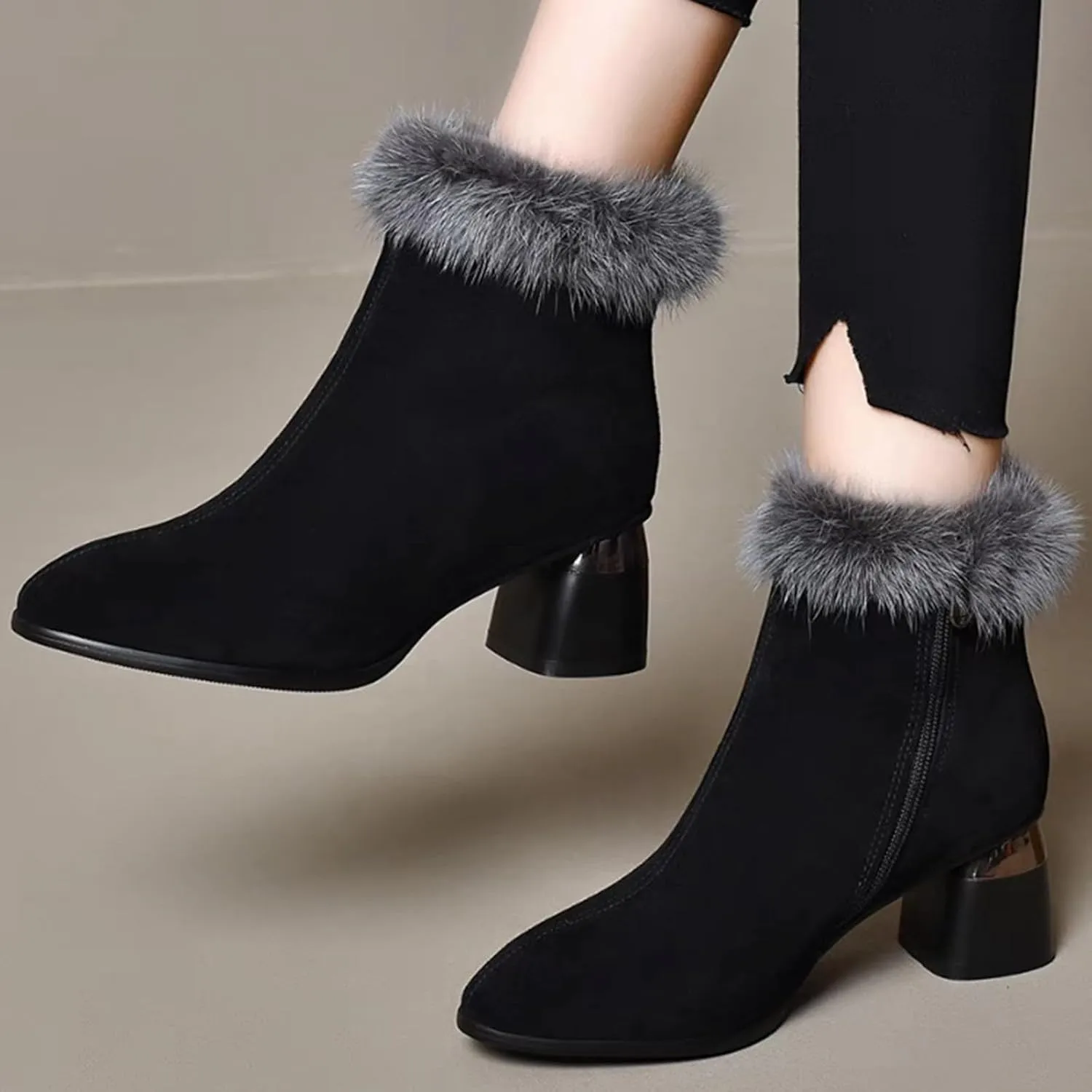 Women's Heel Ankle Boots Warm Pointed Toe Party High Heels Breathable Winter Dress Shoes Lady Snow Boots