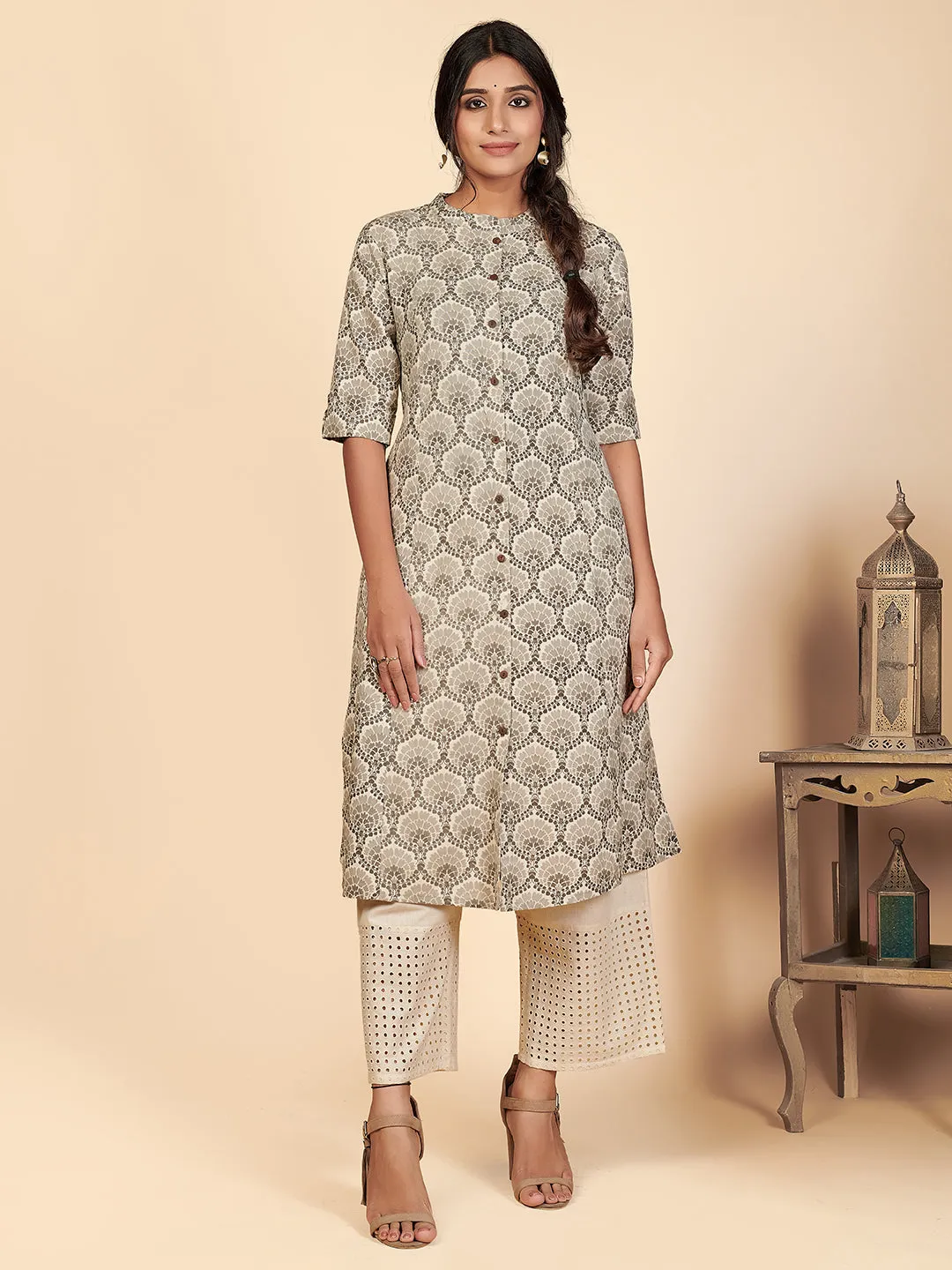 Women'S Printed A-Line Cotton Grey Stitched Kurta With Multiple Slit