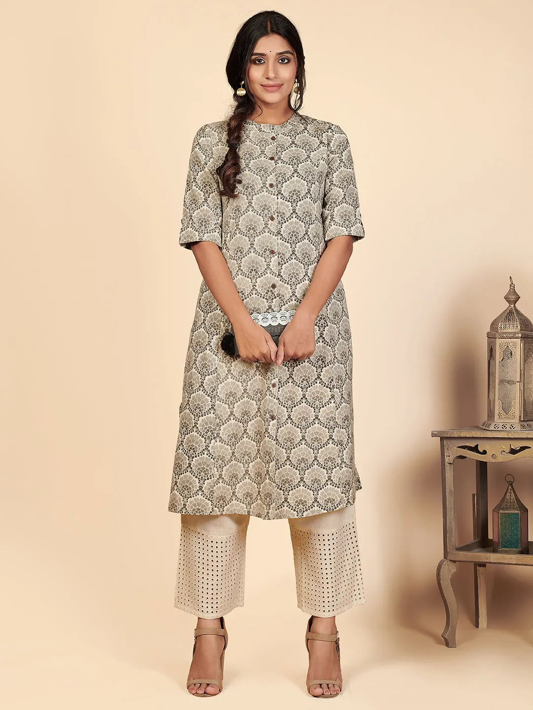 Women'S Printed A-Line Cotton Grey Stitched Kurta With Multiple Slit